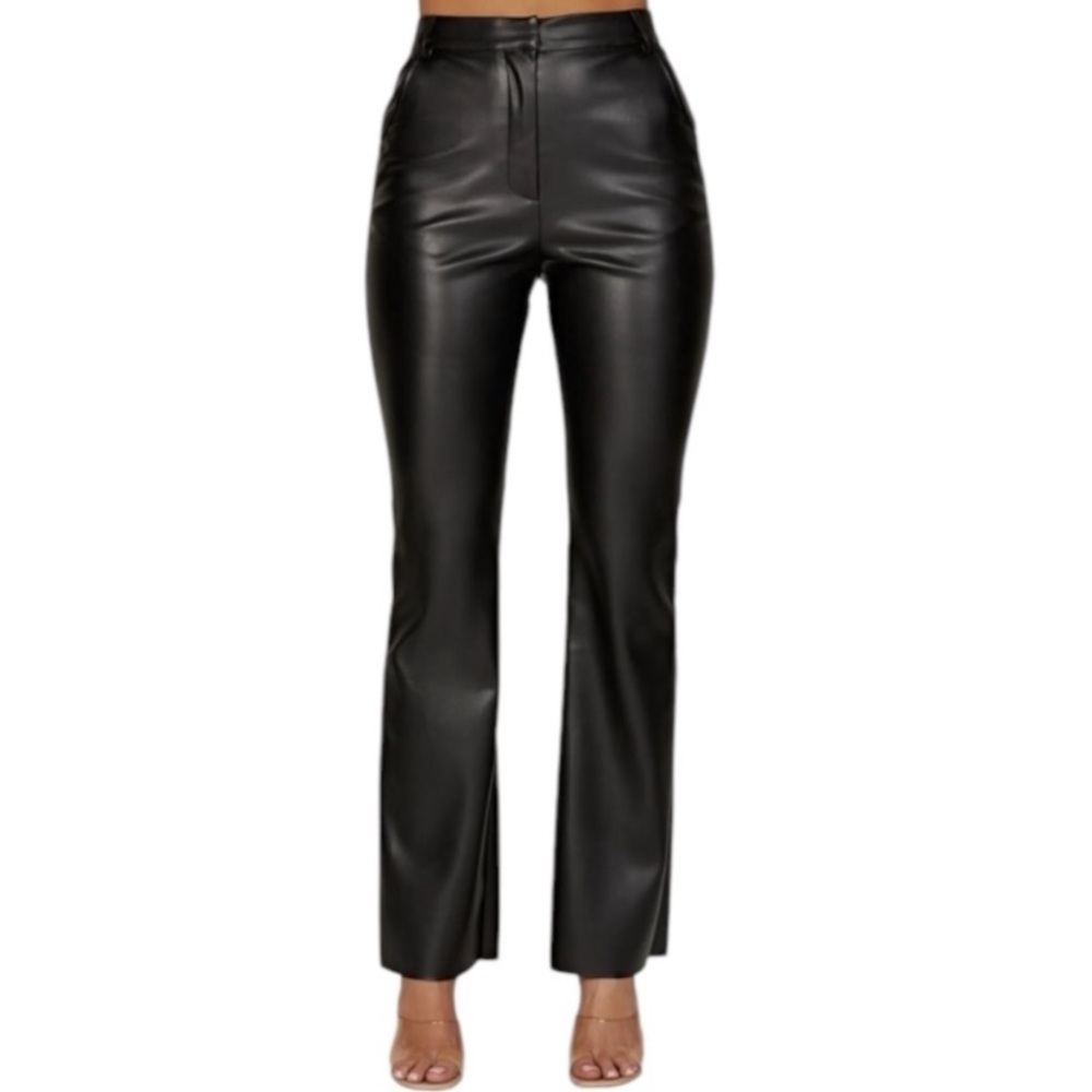 Meshki Black Straight Faux Leather Pants With Raw Hem Size S